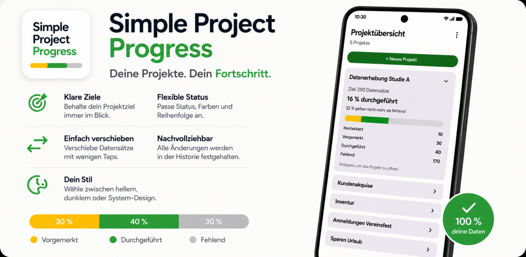 SimpleProjectProgress mit App-Oberfläche, Funktionen und Fortschrittsanzeige